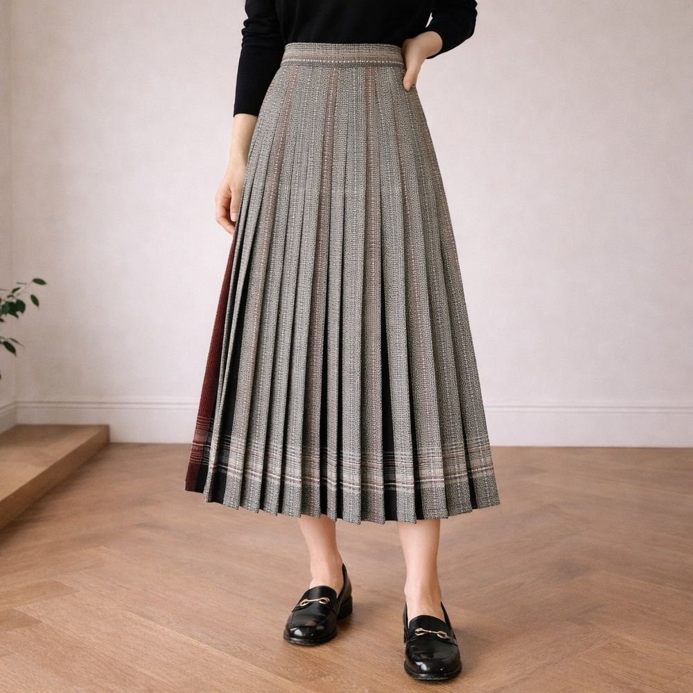 Vintage Wool Plaid Pleated Midi Skirt Red Black Cream VTG EU 38 US 8 Modern 2 - Picture 10 of 10